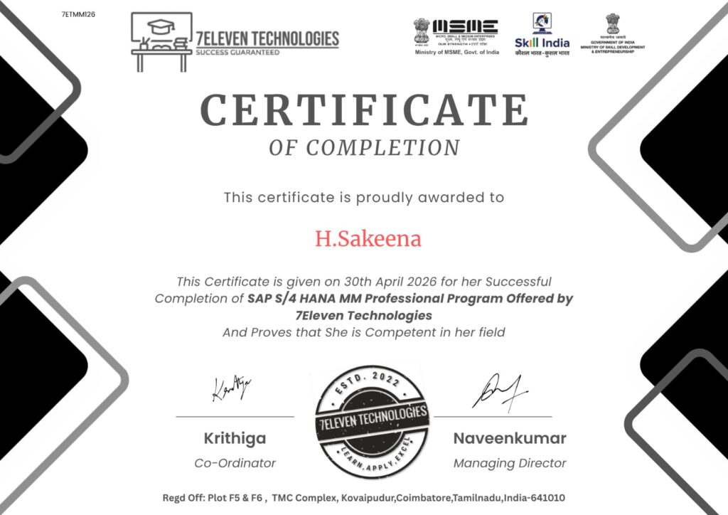 SAP course certificate of 7 Eleven Technologies